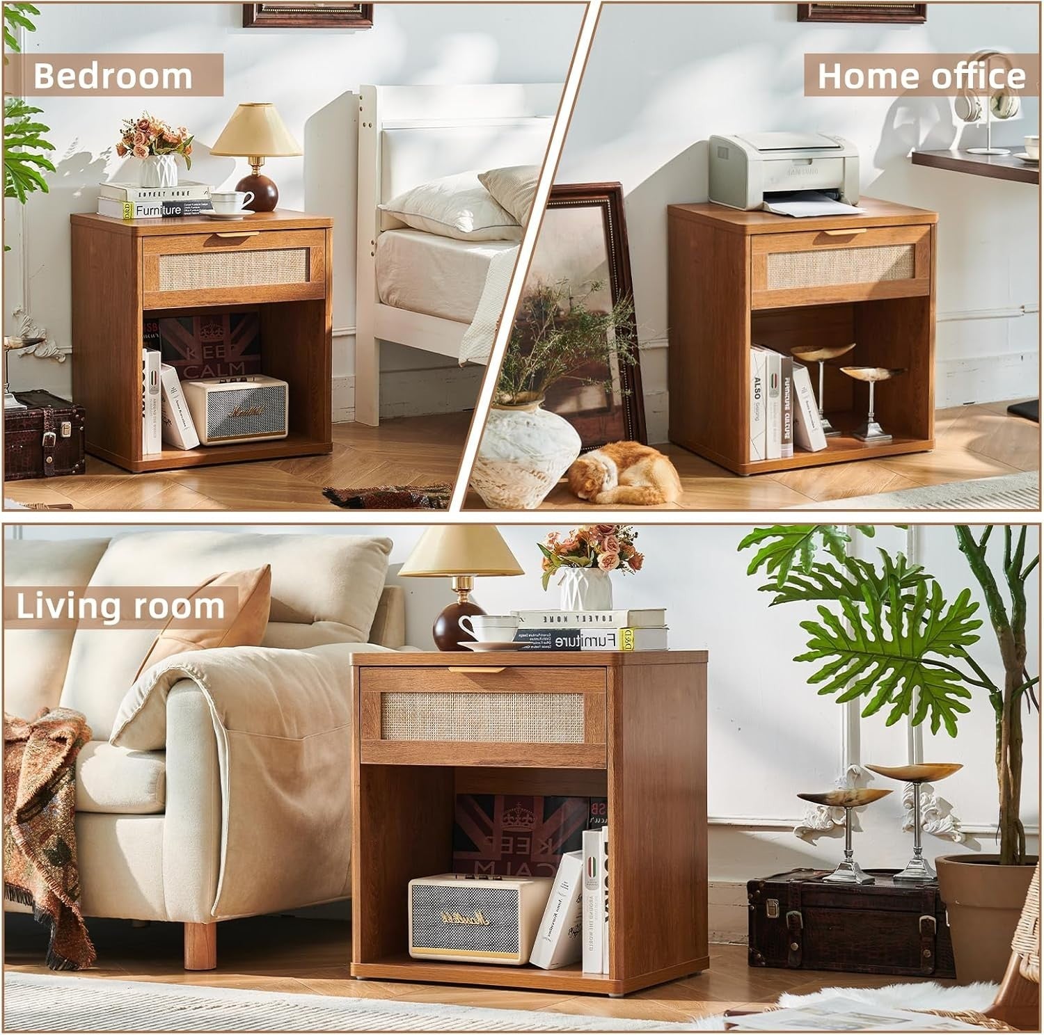 Wide Rattan Bedside Table Nightstand with Drawer Boho Wood