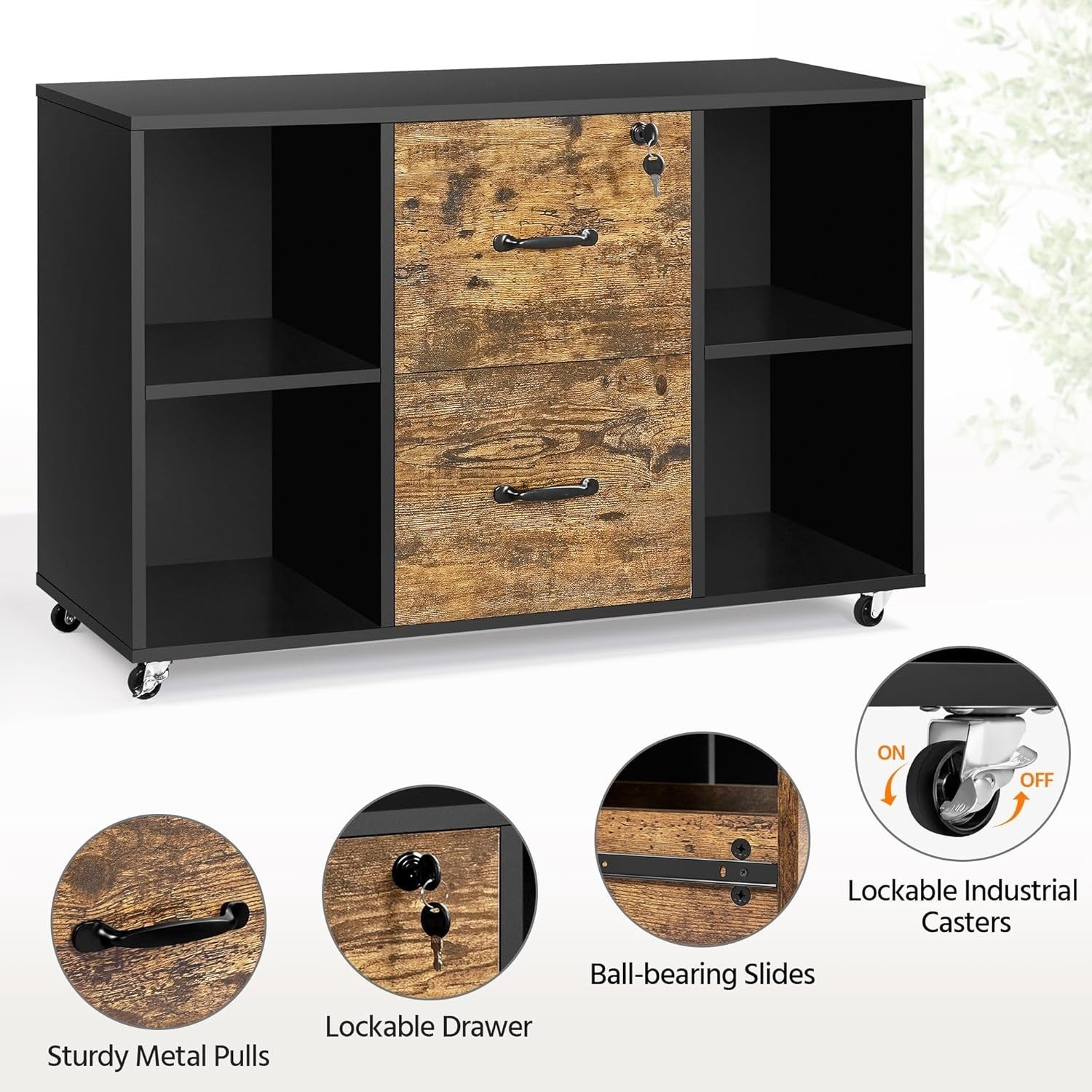 Rustic Black Rolling File Cabinet 100x40x65.5cm 2 Drawer Printer