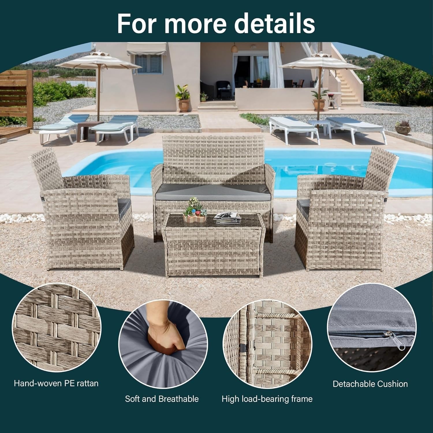 4pc Rattan Garden Furniture Set w/Cover Sofa Chairs Coffee Table Grey