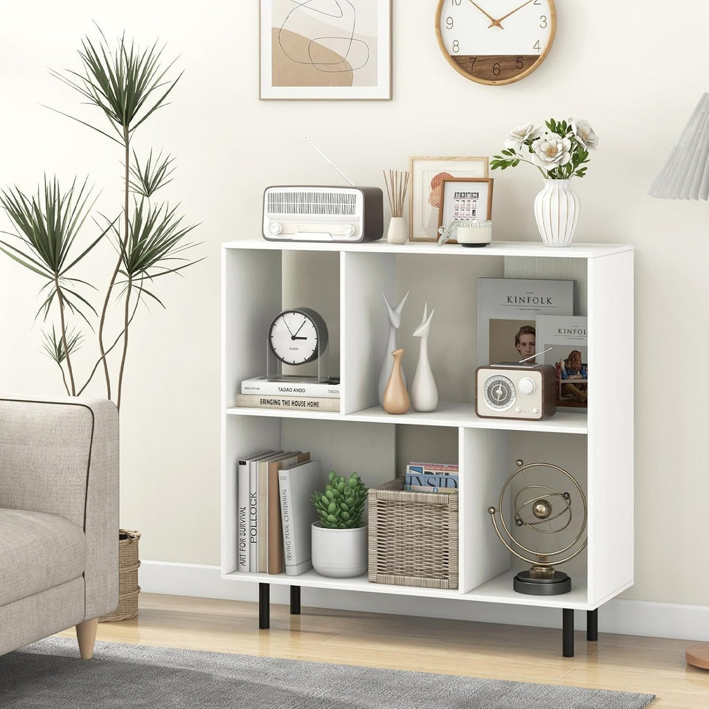 4-Cube Storage Bookcase White Wooden Shelves Metal Legs Anti-Tip 90x30x90cm