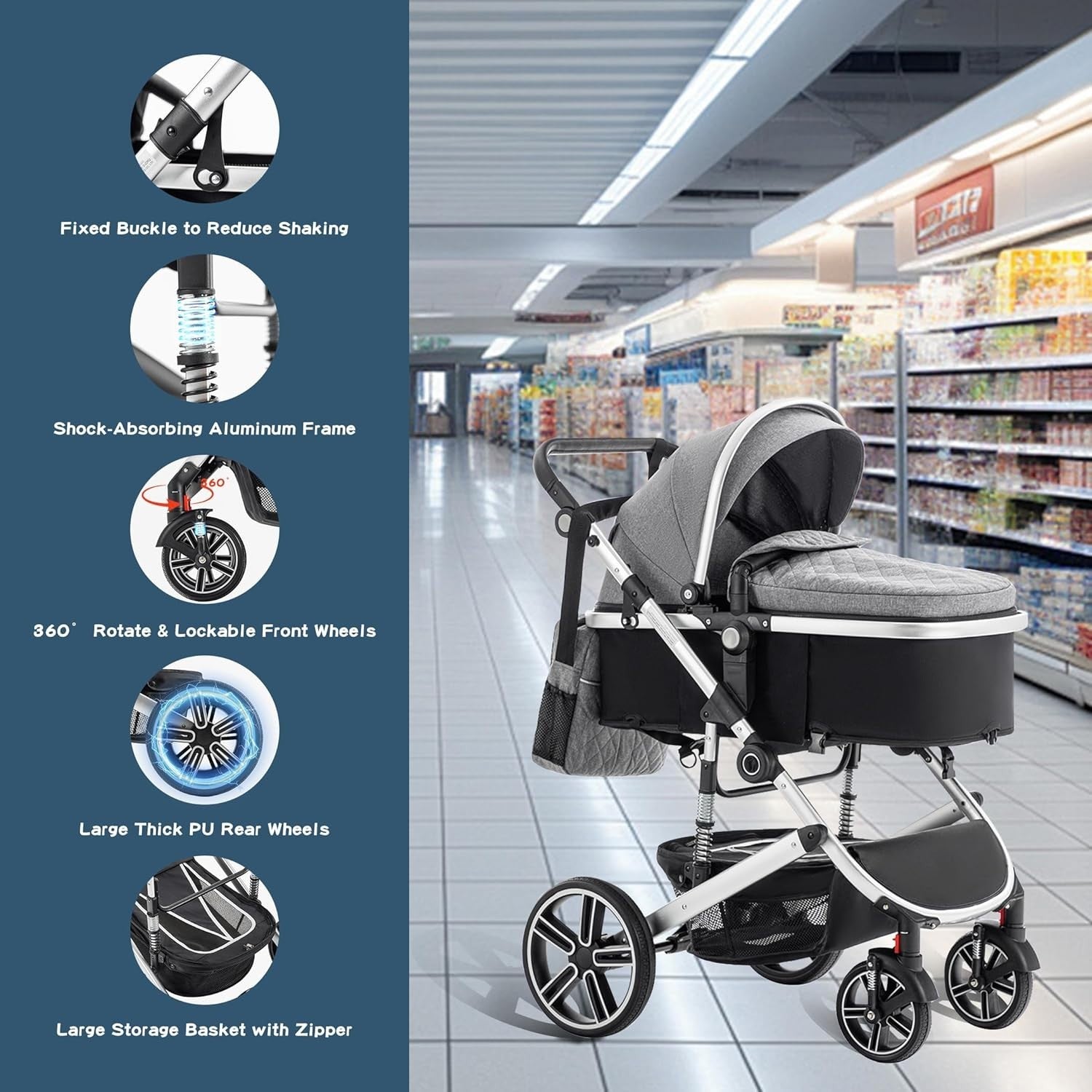 3-in-1 Baby Pram Travel System Black 0-4Y Adjustable Handle Car Seat