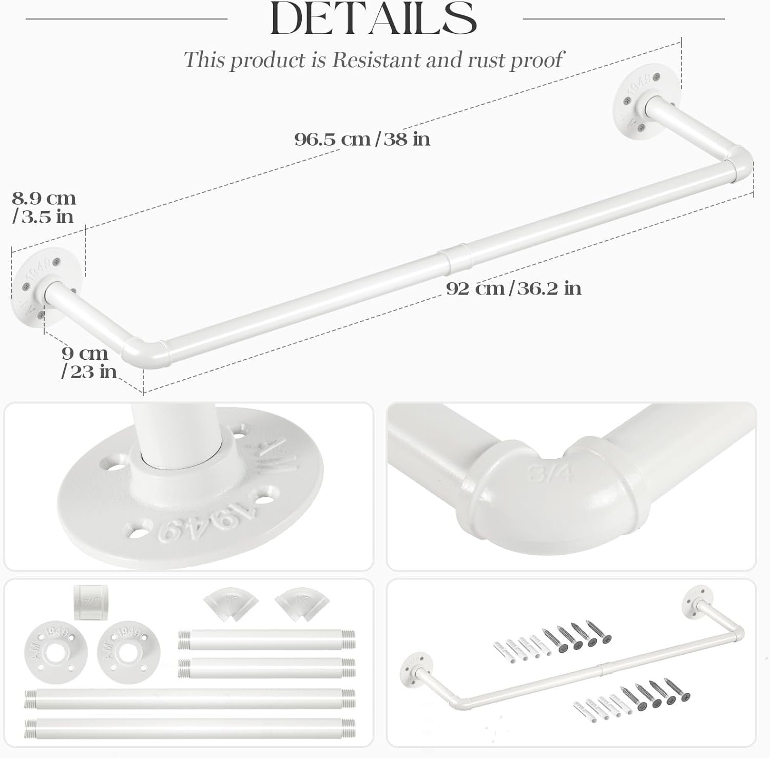 92cm Industrial Pipe Clothes Rail White Heavy Duty 2 Pack