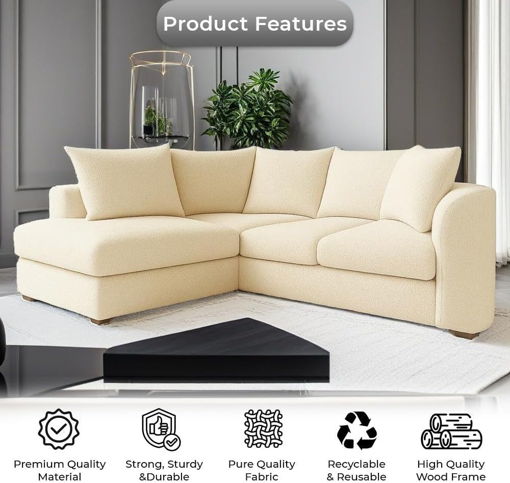 Cream Bouclé Corner Sofa – 4 Seater L Shape Teddy Fabric, Left Hand