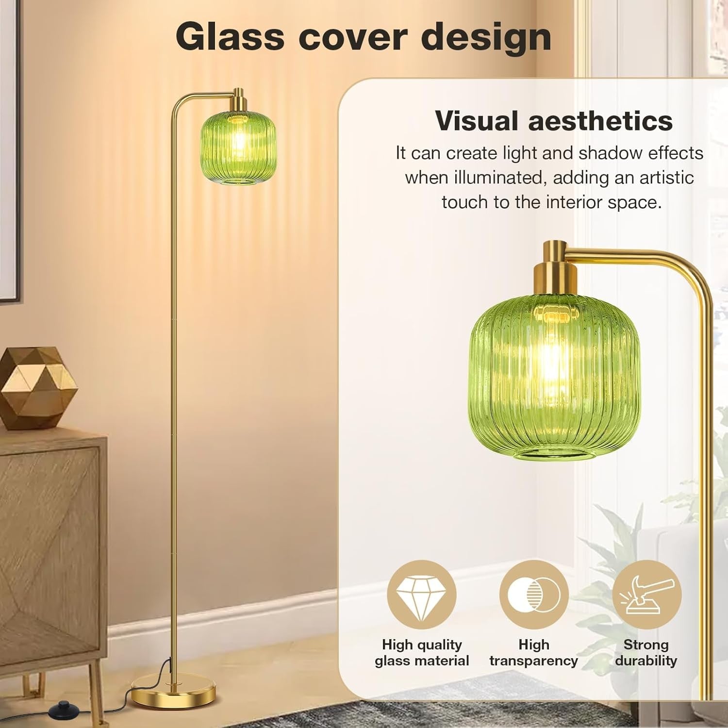 Modern Floor Lamp Tall Standing Light Glass Shade Pedal Switch Living Room