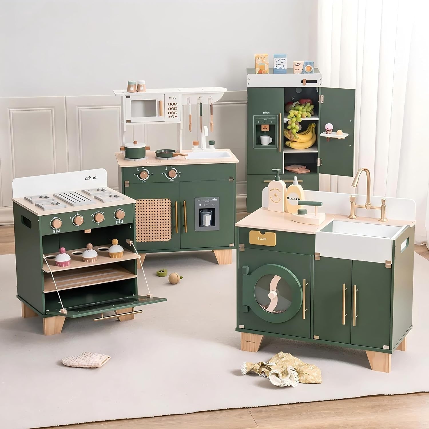 Wooden Kids Toy Oven Retro Play Kitchen Baking Set Green Toy
