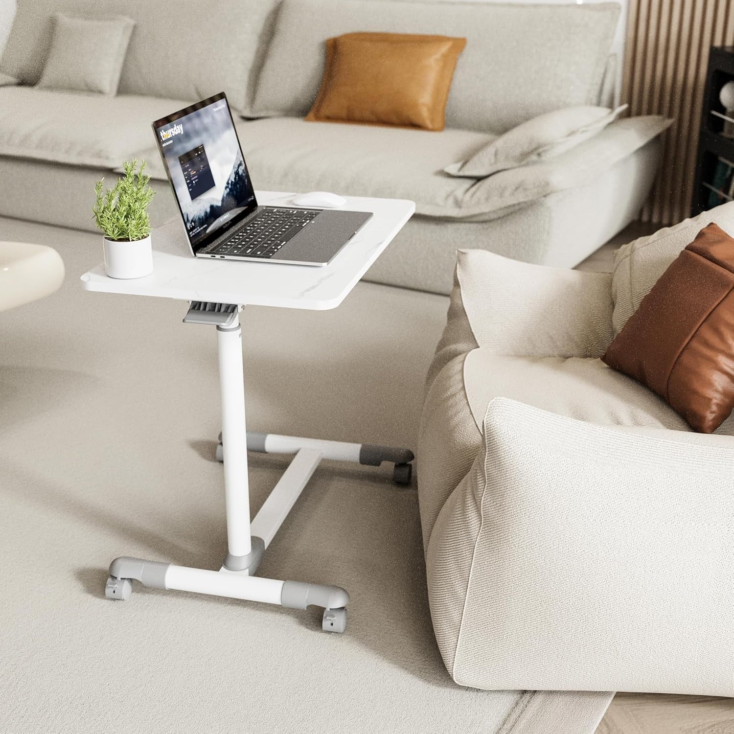 Marble White Overbed Table with Wheels Adjustable Hospital Bedside Laptop Desk