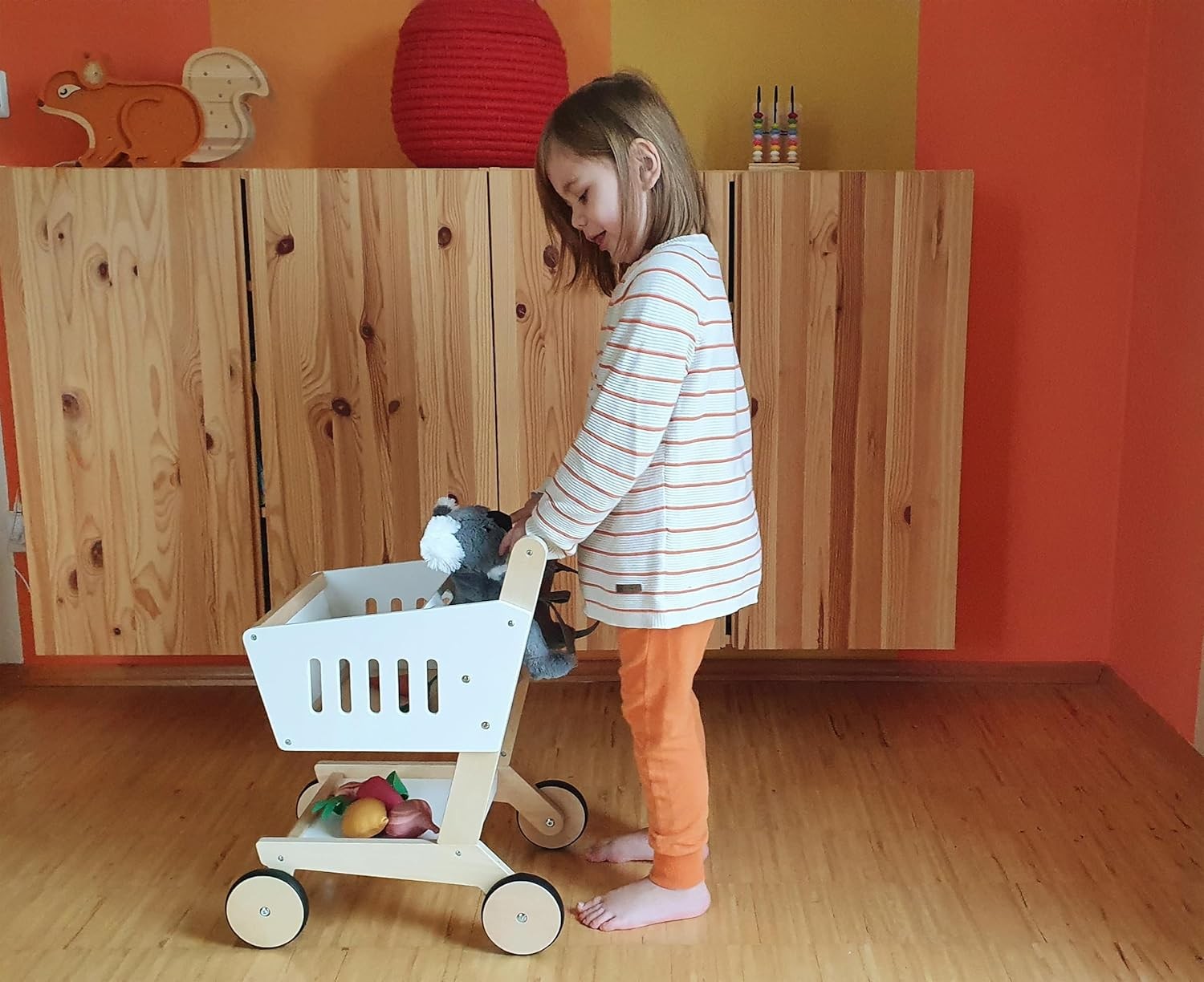 Wooden Shopping Trolley Toy Kids Play Supermarket Cart Role Play 3+ Years