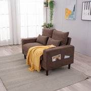 2 Seater Sofa Brown Linen Fabric Small Couch Modern Solid Wood Legs + Cushions
