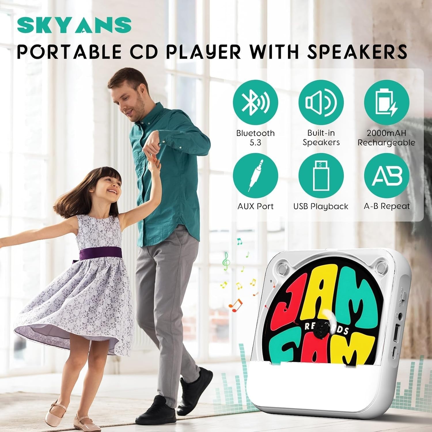 Portable CD Player Bluetooth Rechargeable Speaker USB AUX Headphones
