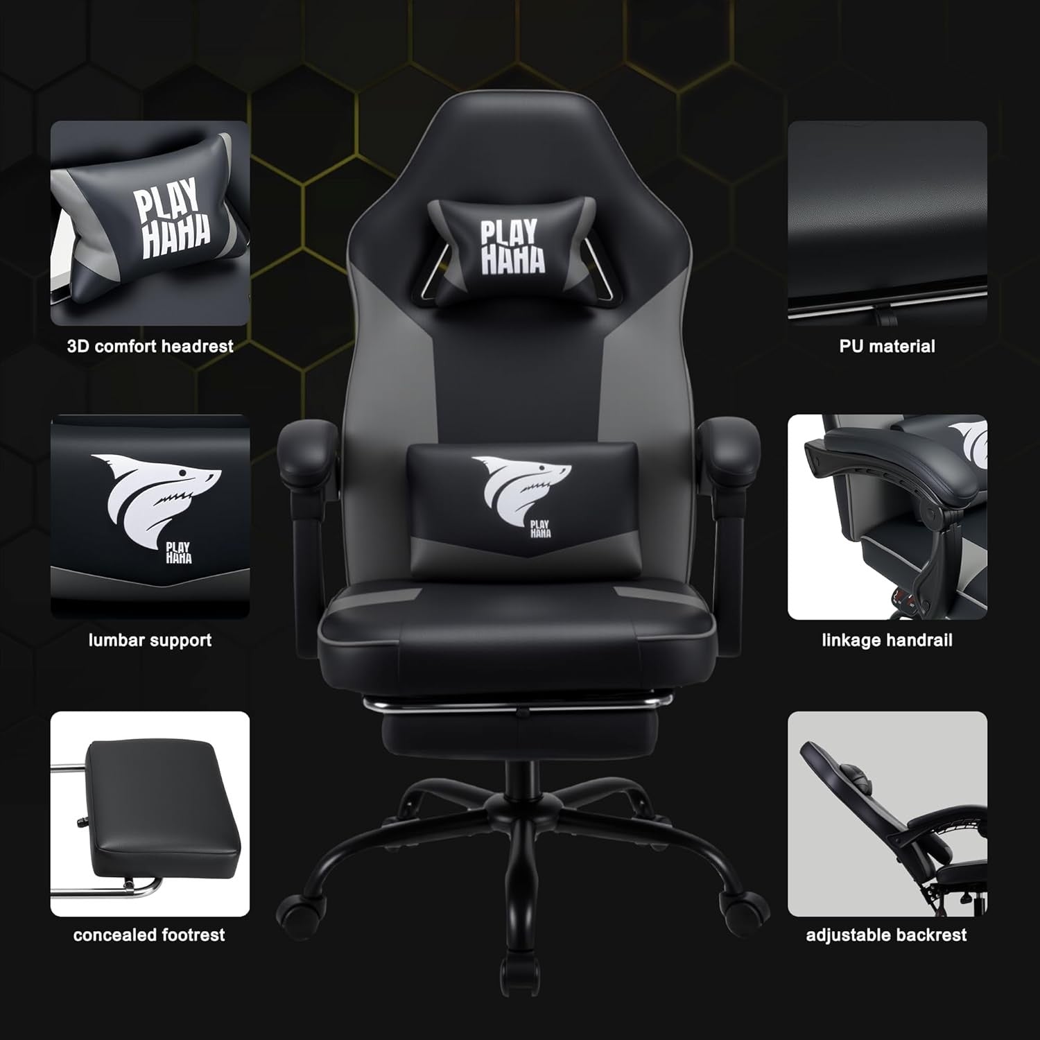 Ergonomic Gaming Chair Grey w/ Footrest Reclining Swivel