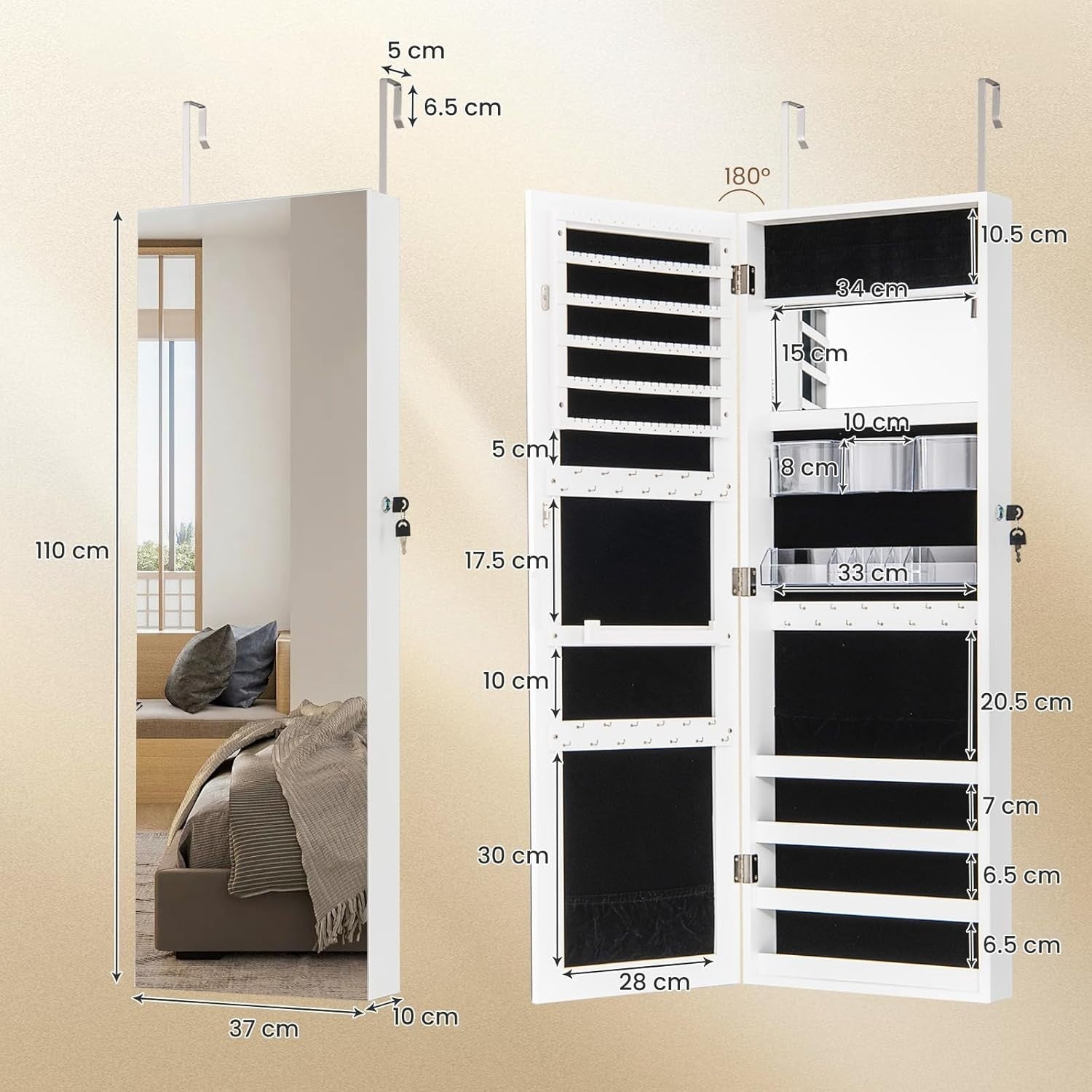 White Wall Mounted Jewelry Cabinet Mirror Lockable Door Hanging Storage