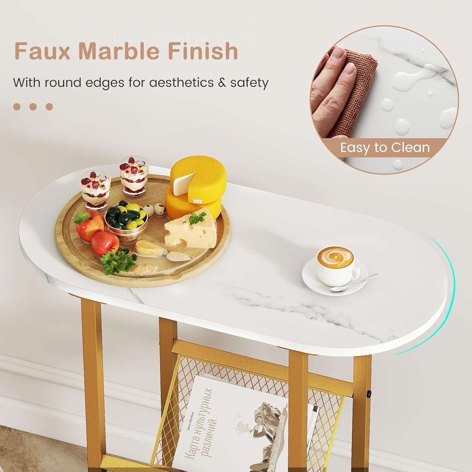 Slim Marble Oval Side Table with Shelf & Magazine Holder for Sofa & Bed