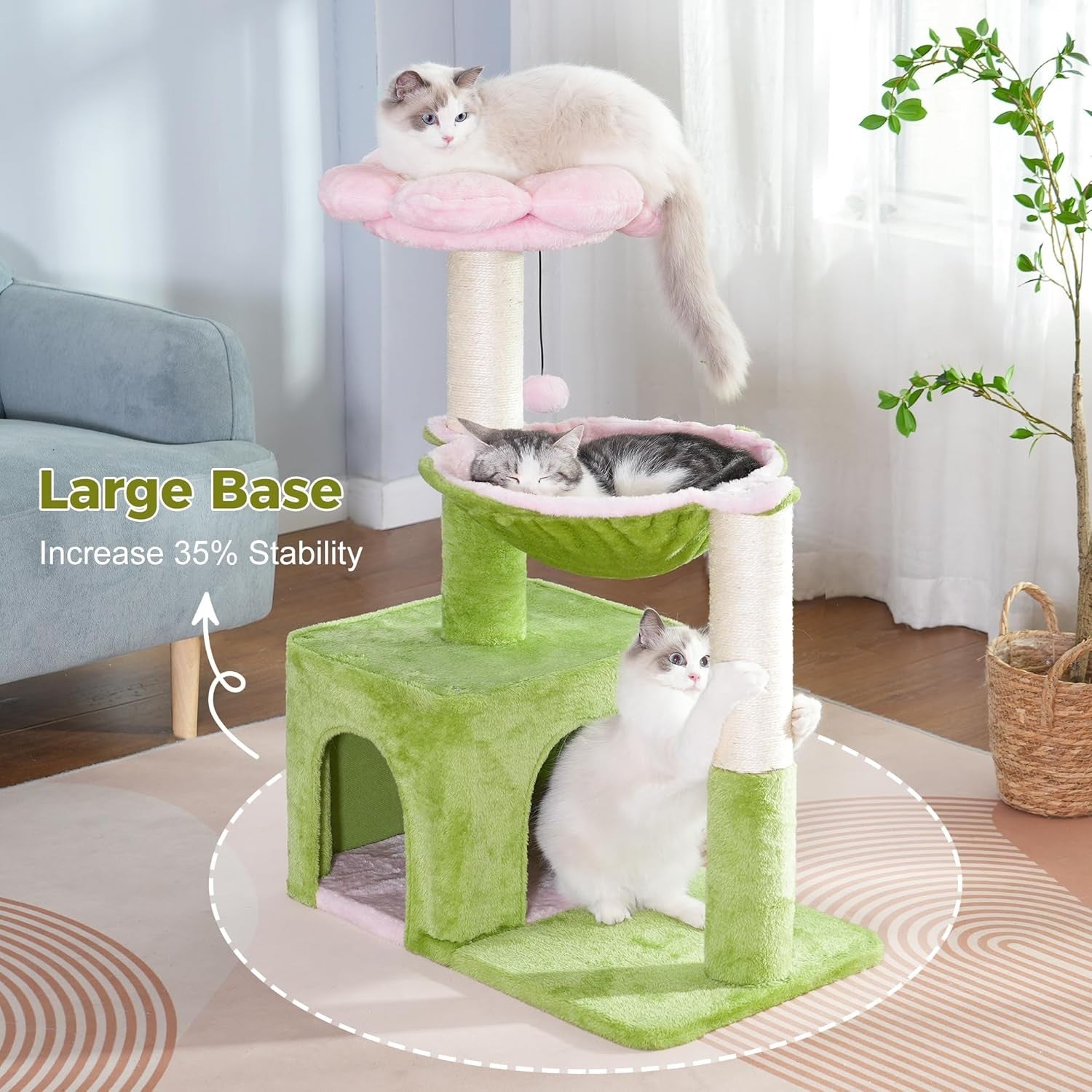 Pink Green Flower Cat Tree Tower with Hammock Condo Sisal Scratching Post