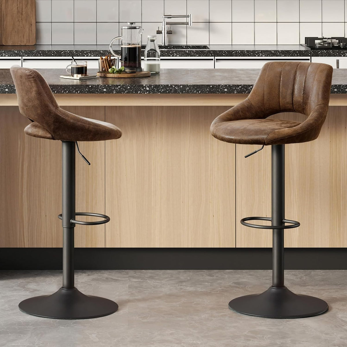 Brown Bar Stools Set of 2 | Faux Leather Seat, Adjustable Swivel, Round