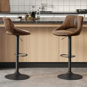 Brown Bar Stools Set of 2 | Faux Leather Seat, Adjustable Swivel, Round
