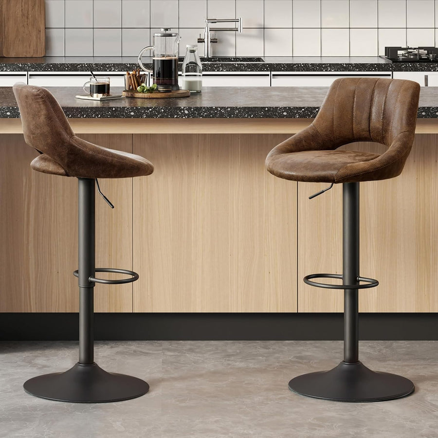 Brown Bar Stools Set of 2 | Faux Leather Seat, Adjustable Swivel, Round