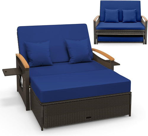 Adjustable Outdoor Rattan Daybed Double Chaise Lounge with Storage & Cushions