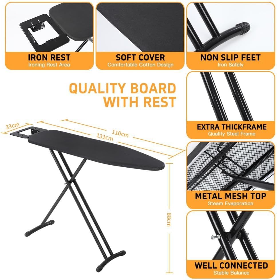 Full Size Ironing Board 131x33cm Adjustable Height Heat Resistant