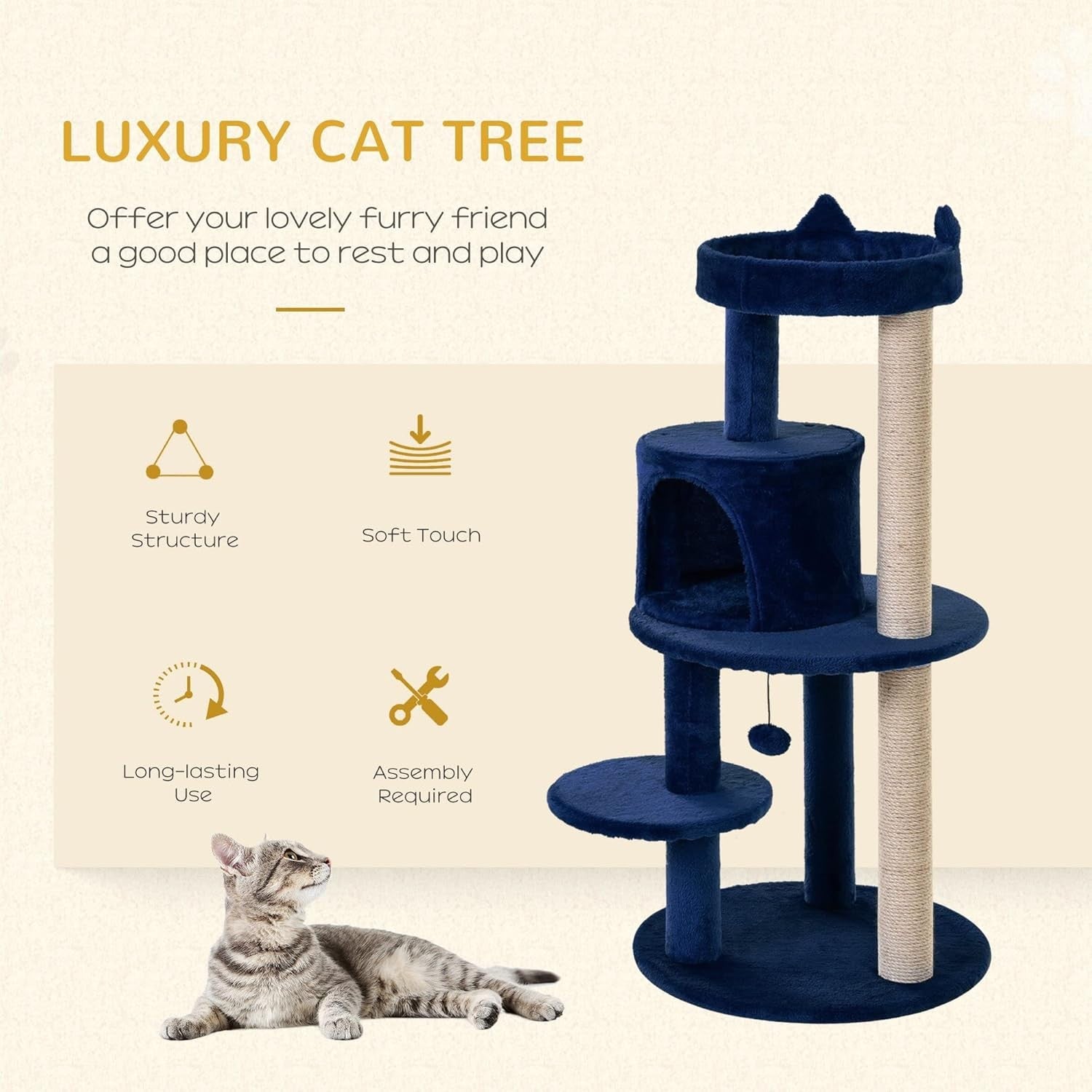 Blue Cat Tree Tower 104cm Condo Scratching Post Plush Perches Hanging Toy