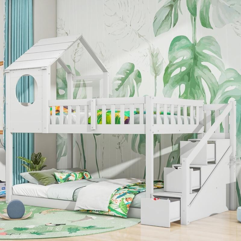 Kids White Wooden Bunk Bed with Storage Ladder 3FT Playhouse Cabin Bed Frame