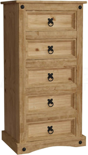 Pine 5-Drawer Narrow Chest Solid Wood Storage Cabinet Rustic Bedroom