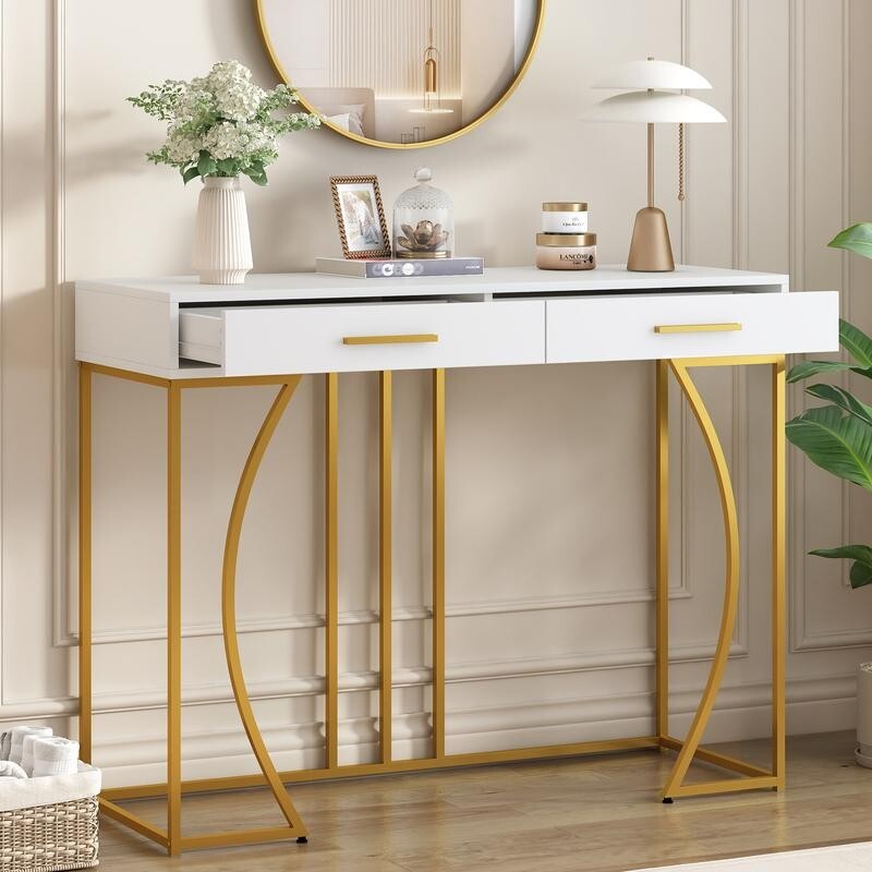 Modern White & Gold Console Table with 2 Drawers – 110cm MDF Metal Frame