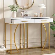 Modern White & Gold Console Table with 2 Drawers – 110cm MDF Metal Frame