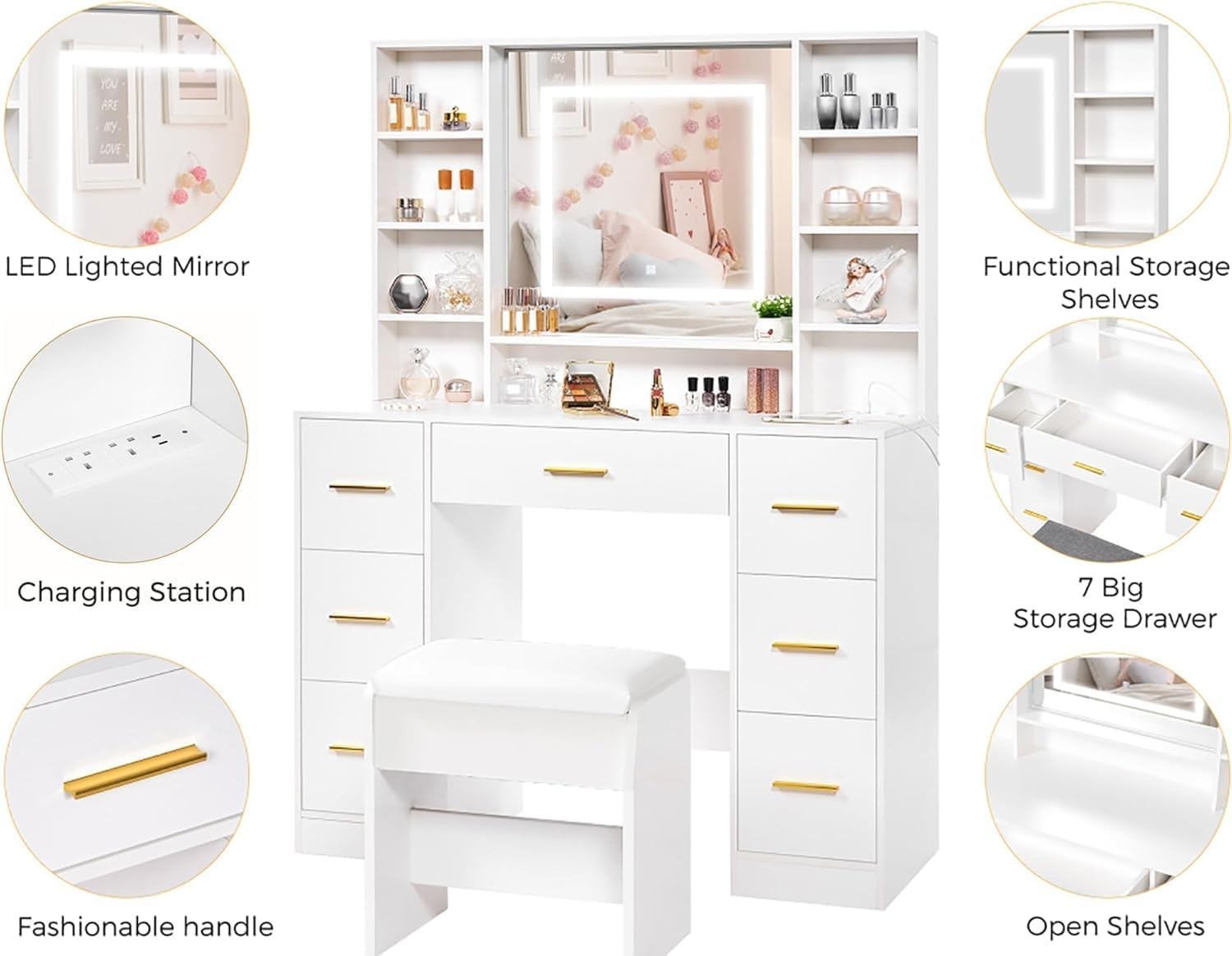 Modern White Vanity Table Set LED Mirror 6 Drawers Desk USB Charging Station