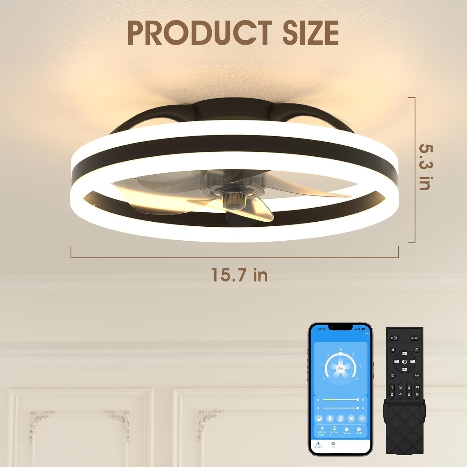 50cm LED Ceiling Fan Light Black, 6 Speeds Quiet Remote, Dimmable Modern