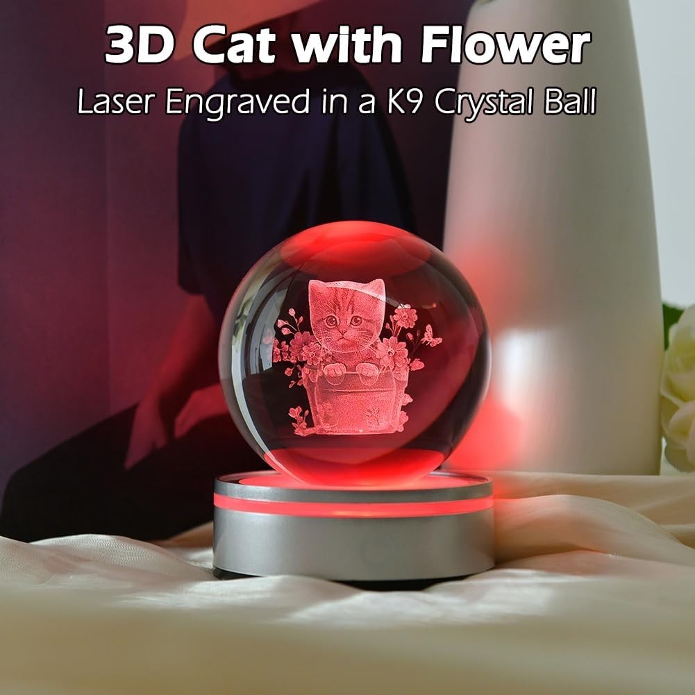 3D Cat with Flower Crystal Ball LED Light • Engraved Kitten Ornament