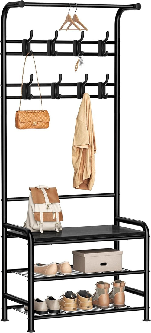 Coat Rack with Shoe Bench 4-in-1 Hall Tree 182cm Black Metal Frame Storage