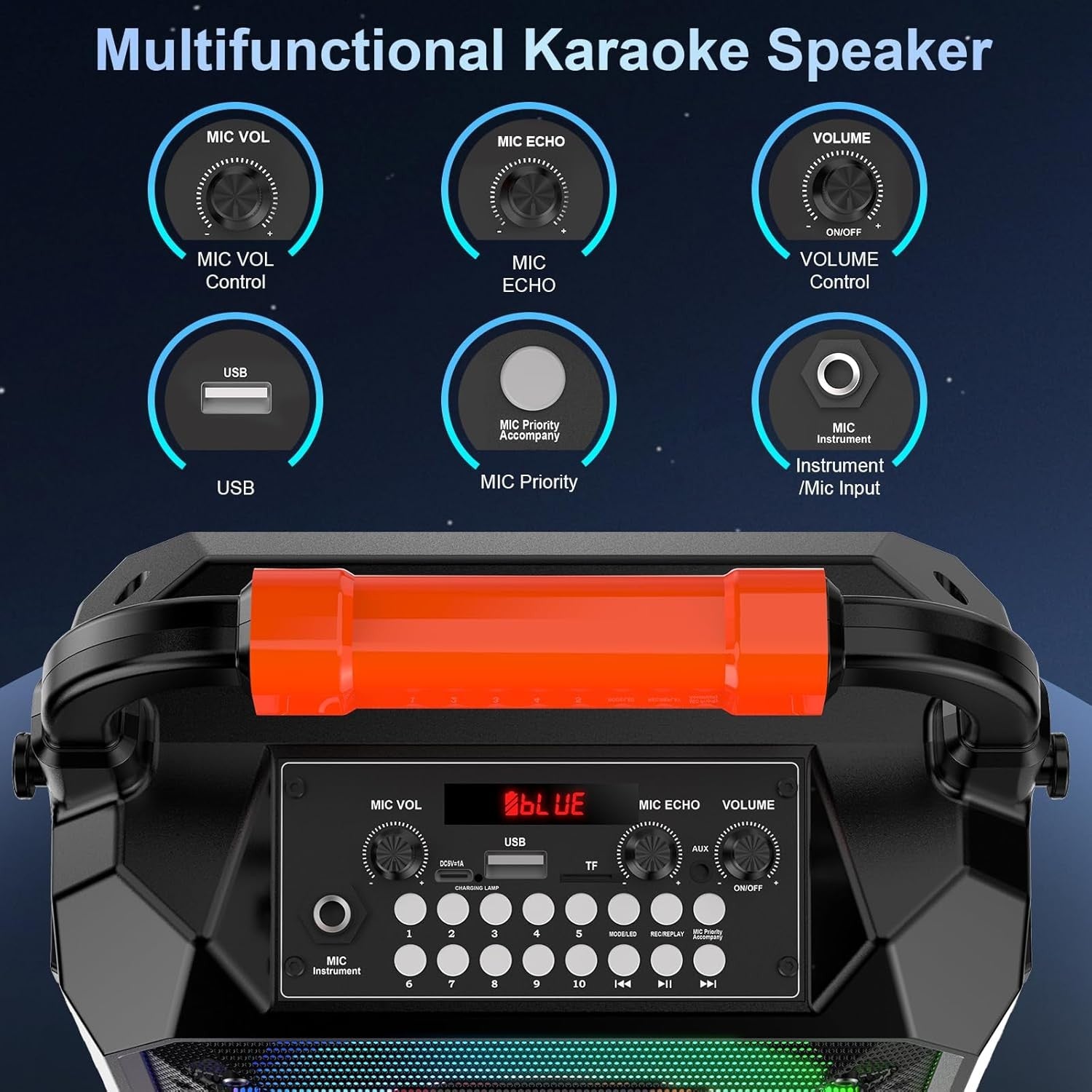 Karaoke Machine with 2 Wireless Mics Bluetooth DJ Lights Speaker