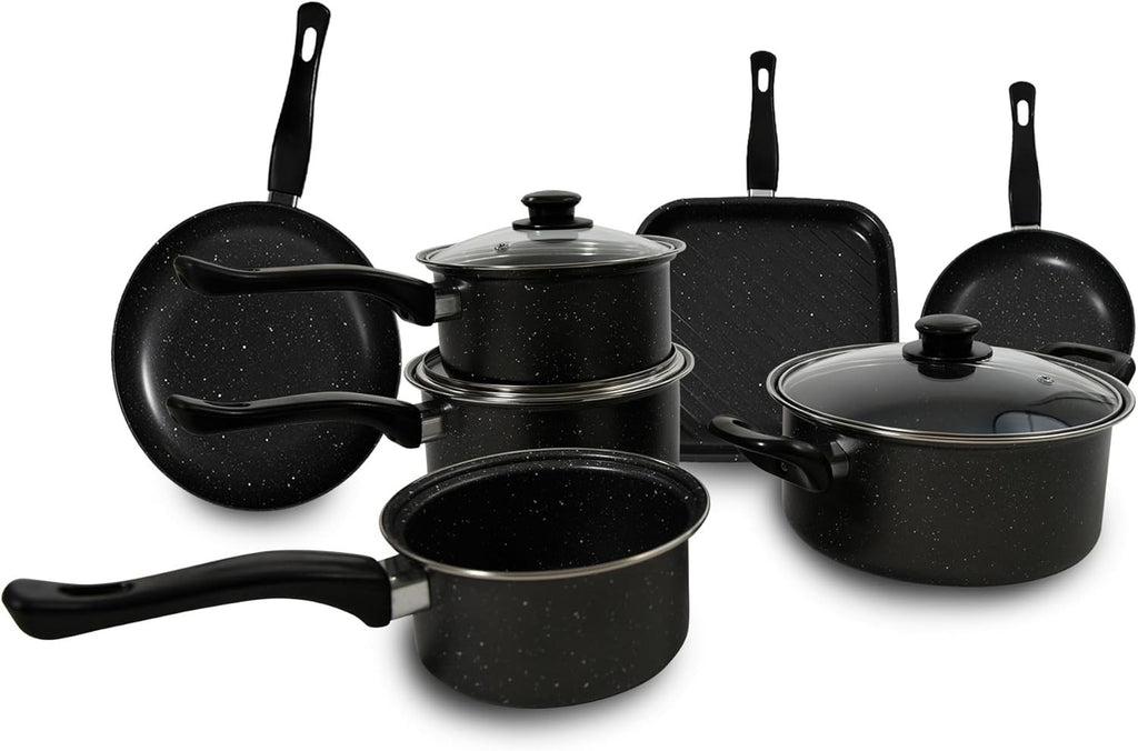 10Pcs Marble Non Stick Cookware Pots and Pans Set with Glass Lids & Grill Pan