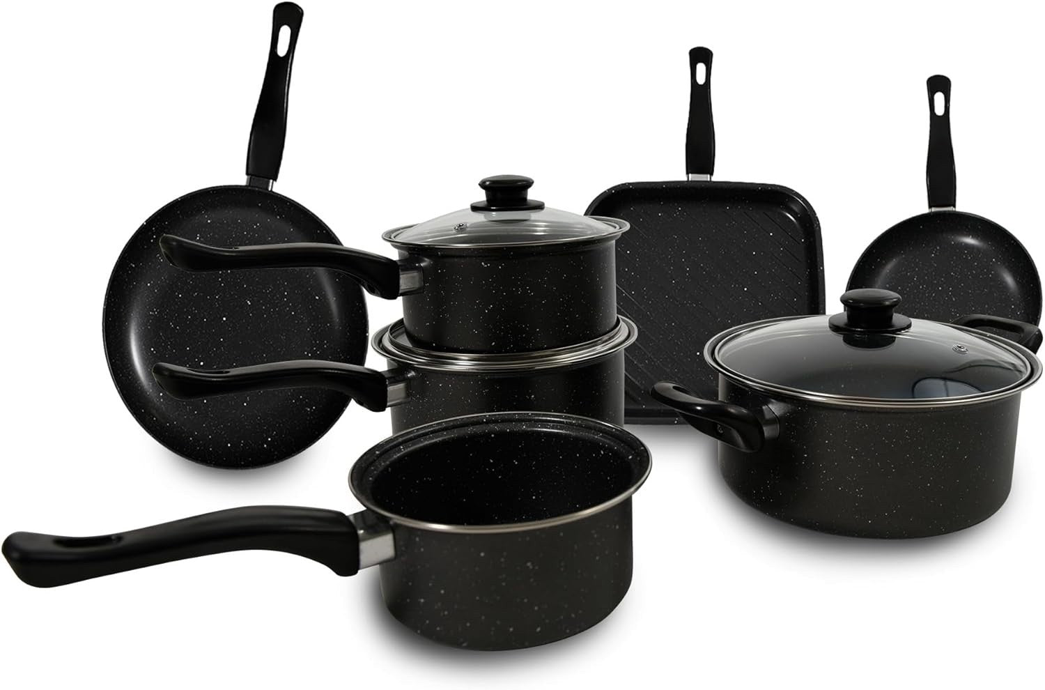 10Pcs Marble Non Stick Cookware Pots and Pans Set with Glass Lids & Grill Pan