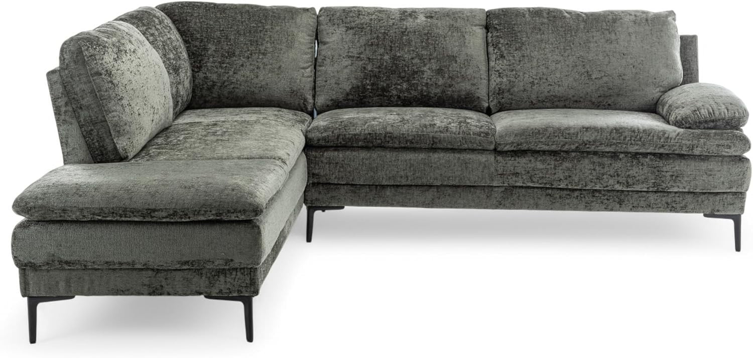 Sage Green Chenille 4-Seater L-Shaped Corner Sofa with Chaise, Deep Seat