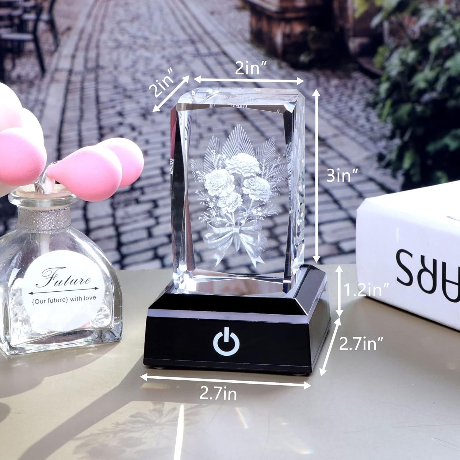 3D Crystal Carnation LED Light Cube Ornament Gift for Mum Wife Birthday Keepsake