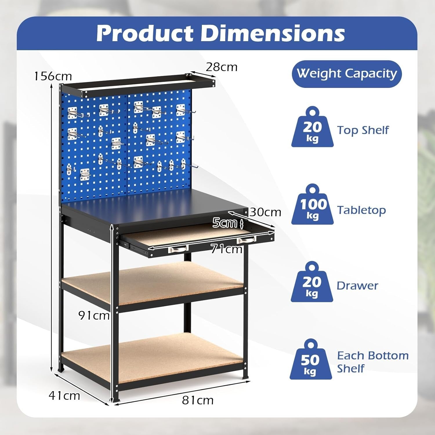 Heavy Duty Workbench 81x41x156cm Navy Pegboard Shelves Drawer 290kg Capacity