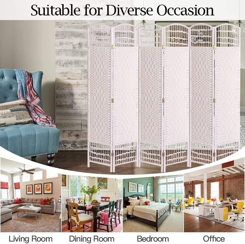 White 6 Panel Wicker Folding Room Divider Handwoven Privacy Screen