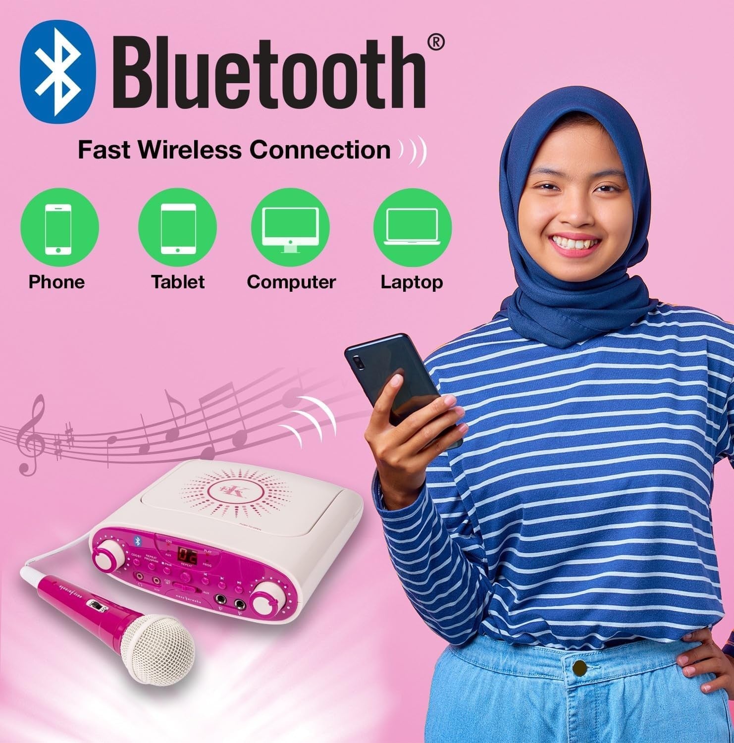 Pink Bluetooth Karaoke Machine with Mic AUX MP3 Headphone Jack