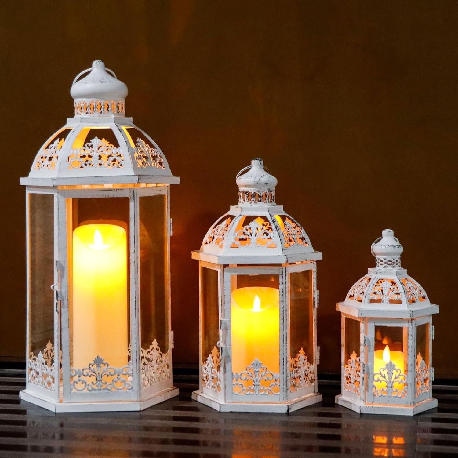 3-Pack White Grey Vintage Metal Candle Lanterns