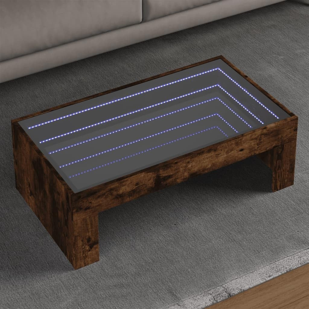 LED Infinity Mirror Coffee Table Smoked Oak – Modern RGB Lights 50D x 70W x 30H