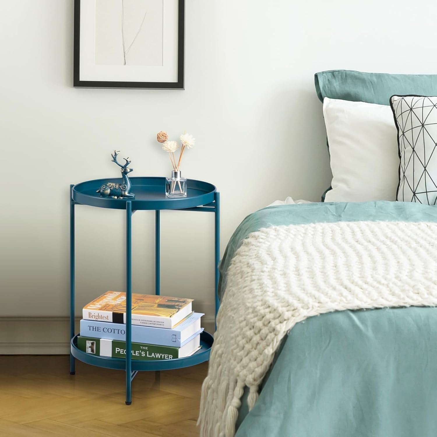 Small Round Metal Side Table 2-Tier Coffee Table Removable Tray Peacock Green