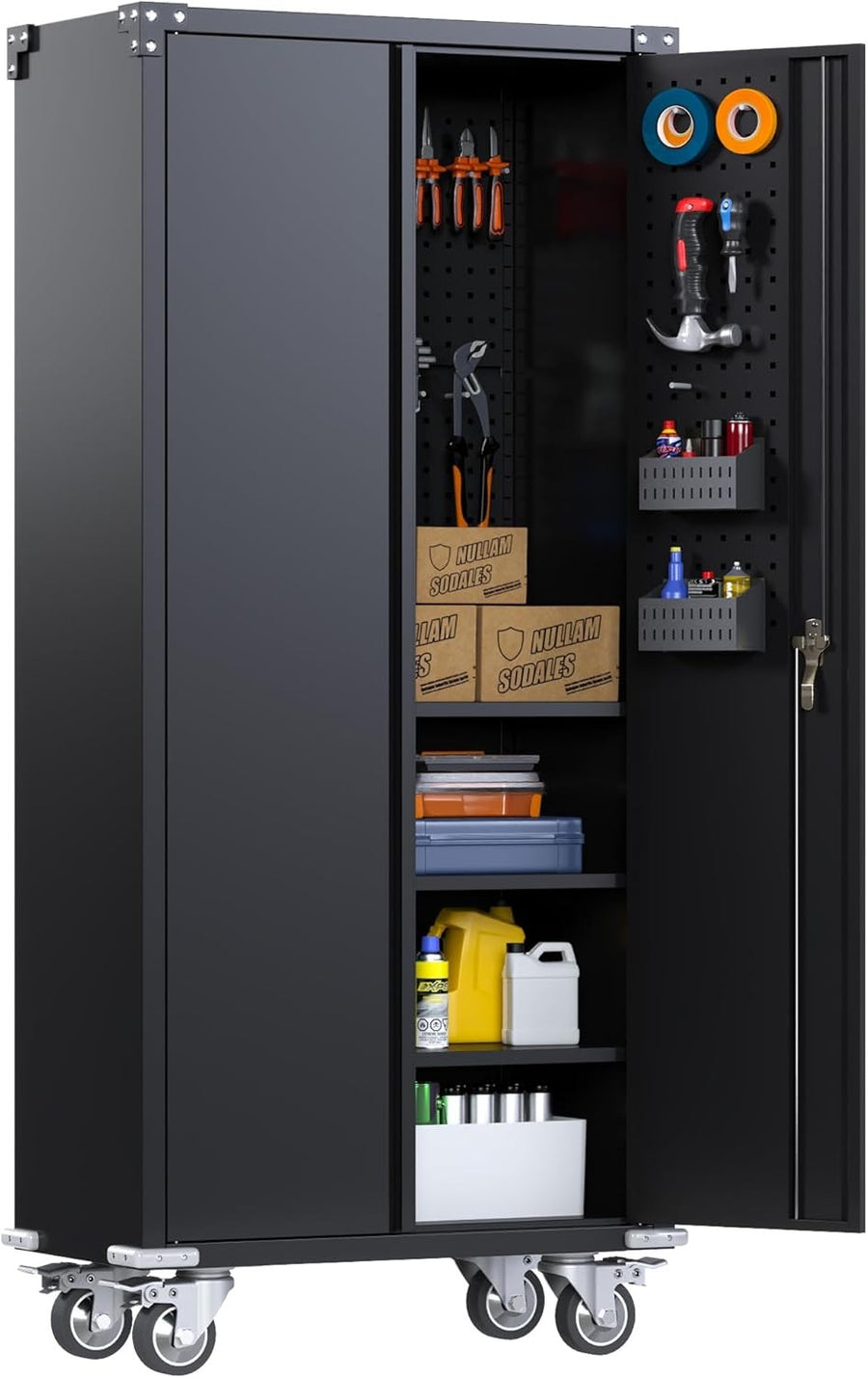 Tall Metal Storage Cabinet with Wheels 4 Shelves Lockable Pegboard Garage
