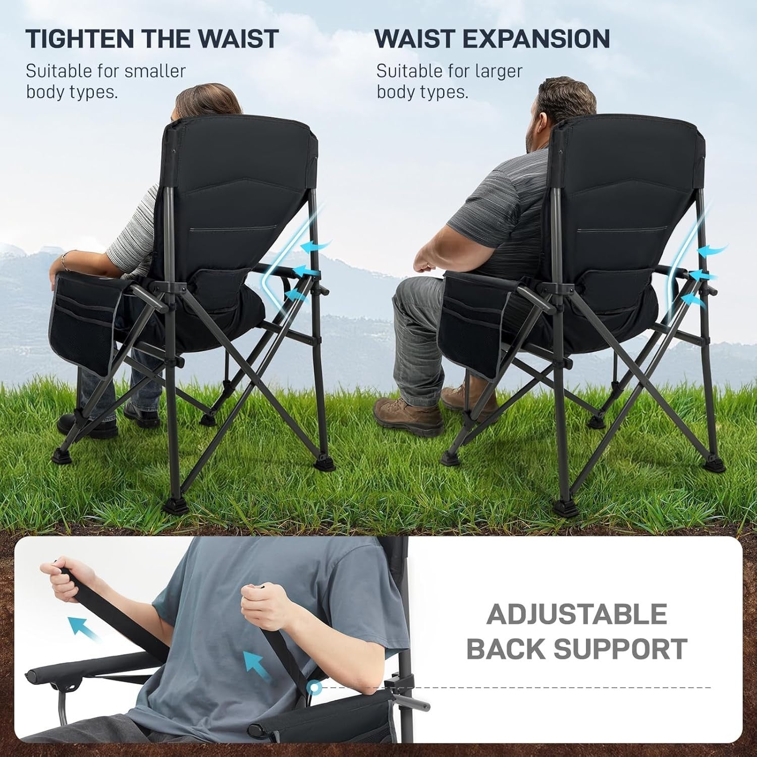 Heavy Duty Folding Camping Chair 230kg Adjustable Lumbar Support Outdoor