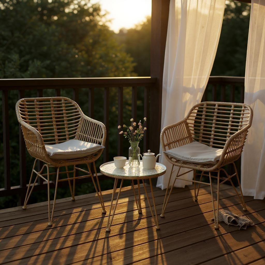 Rattan Garden Bistro Set 2 Chairs Glass Table Balcony Patio Outdoor Seating