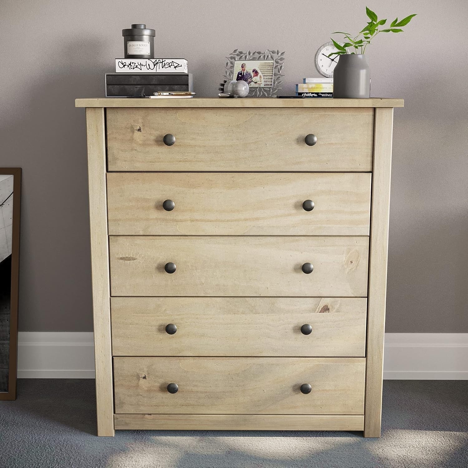 Solid Oak 5 Drawer Chest Wood Storage Unit for Bedroom Hallway Living Room