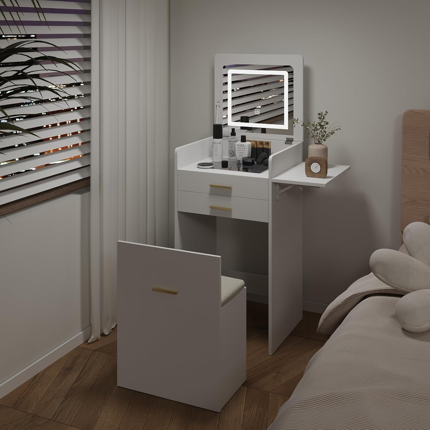 White Foldable Vanity Desk w/ Lighted Mirror & Stool Small Space 2 Drawers