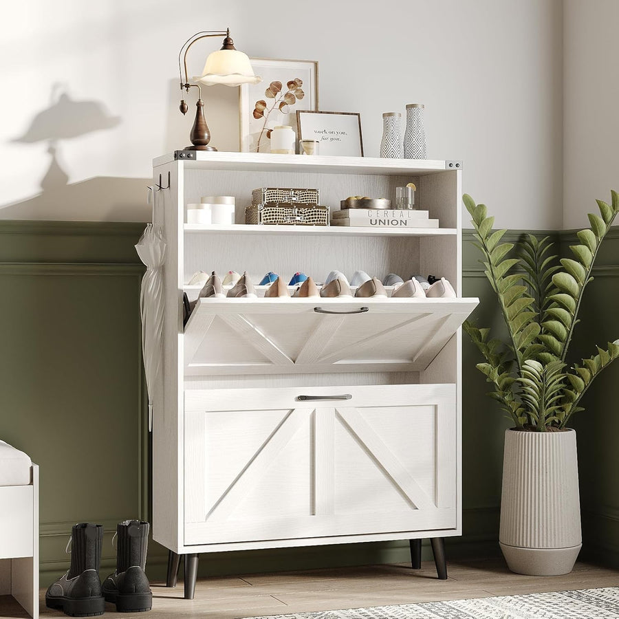 Slim White Shoe Cabinet with 2 Flip Drawers & Adjustable Shelves, Narrow Hallway