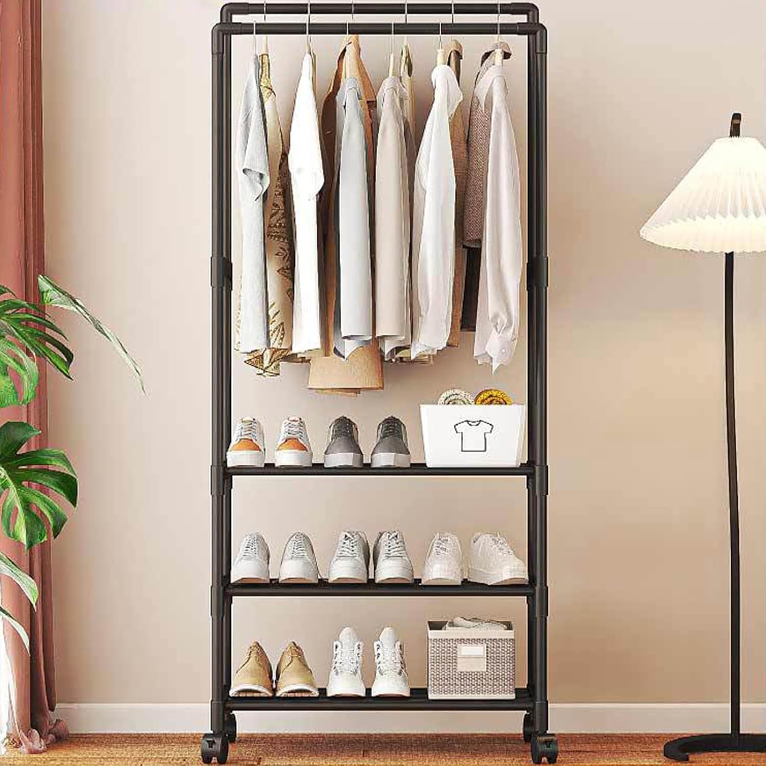 Black Metal Double Clothes Rail with Wheels & Shoe Rack