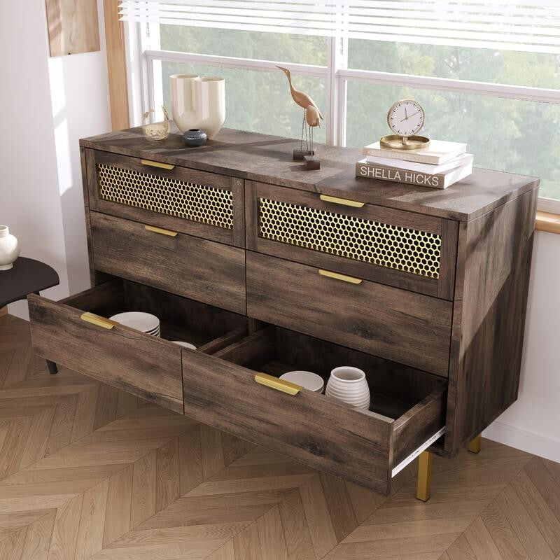 Dark Wood Sideboard Cabinet 6 Drawers, Metal Legs, Retro Storage Unit